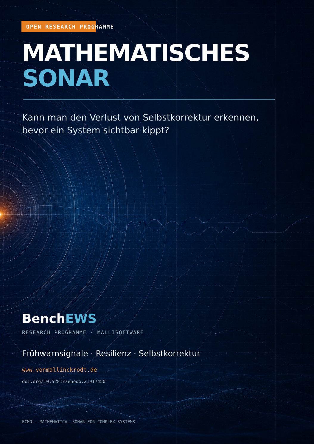 BenchEWS Plakat Mathematisches Sonar mit orangefarbenem Warnsignal und Echoringen