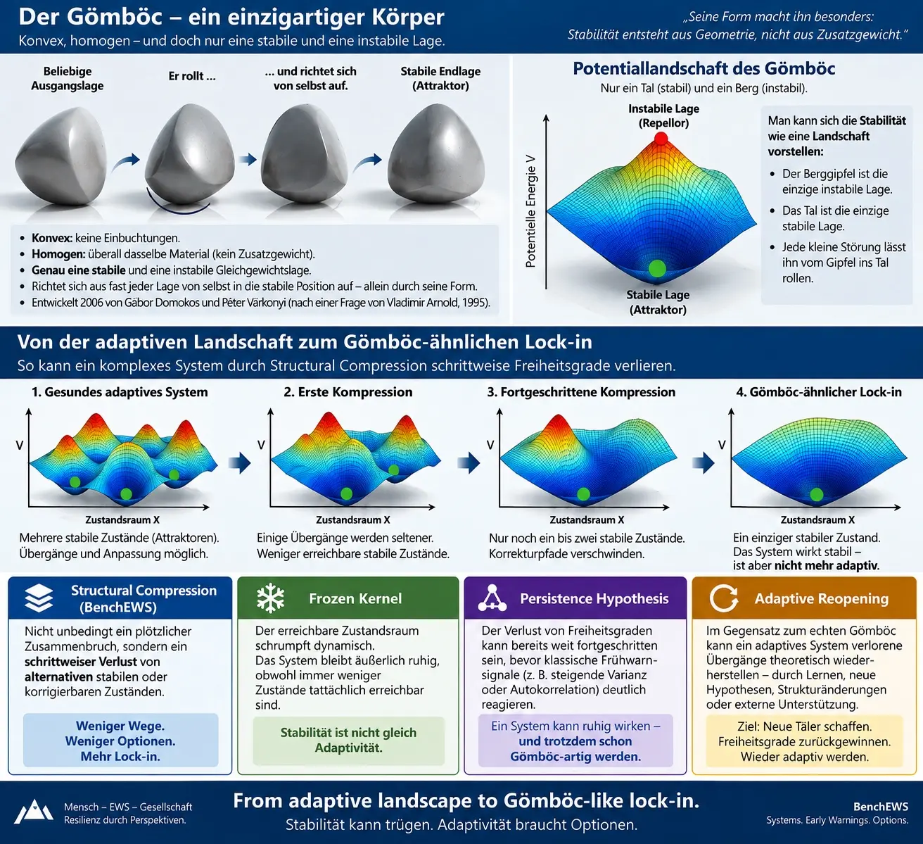 Vollständige BenchEWS-Infografik: der Gömböc und der Weg von der adaptiven Landschaft zum Gömböc-artigen Lock-in